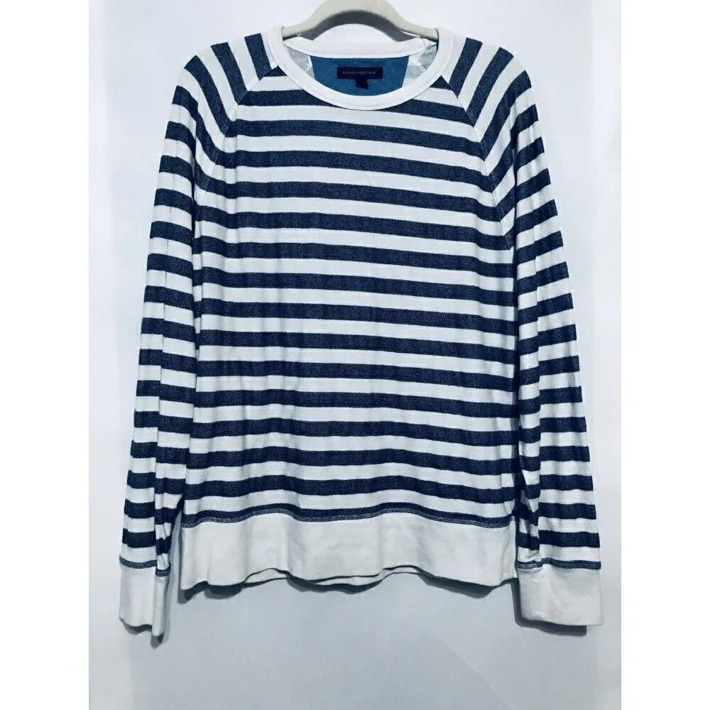 Banana Republic Mens Large Blue Striped Raglan Sweatshirt Sweater Cotton